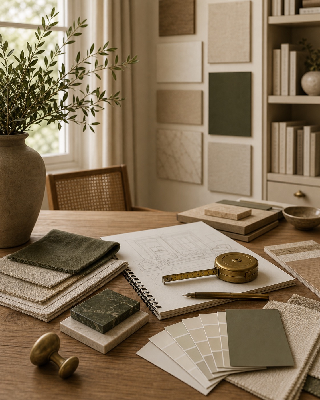 Designer workspace with fabric, stone, and paint samples.