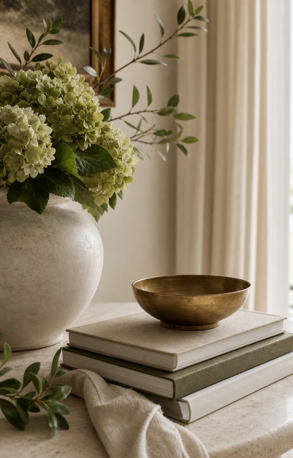 Layered interior styling detail with hydrangeas and brass.